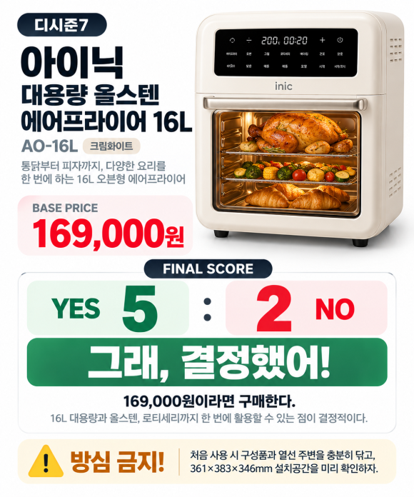 아이닉 에어프라이어 16L 후기: AO-16L 올스텐 장단점·가격·구매판단